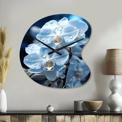 Design Art Blue White Flower Field Pearlescent Orchids - Orchid Unique Shape Metal Wall Clock, Traditional Asym In Blue;white