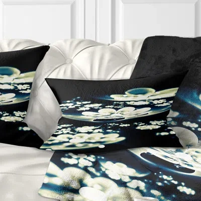 Design Art Blue White Fractal Flowers In Dark - Floral Printed Pillow