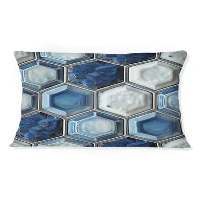Design Art Blue White  Hexagon Print V - Modern Lumbar Pillow In Blue;white