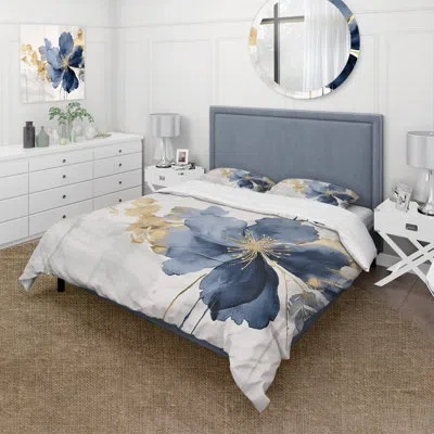 Design Art Blue White Hibiscus Tropical Harmony Flowers I - Floral Comforter Set Of 4 In Blue;white