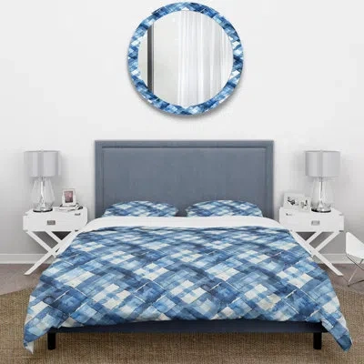 Design Art Blue White Midcentury Gingham Iv - Midcentury Duvet Cover Set In Blue;white
