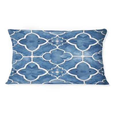 Design Art Blue White Quatrefoil Dreams Iii - Transitional Lumbar Pillow In Blue;white