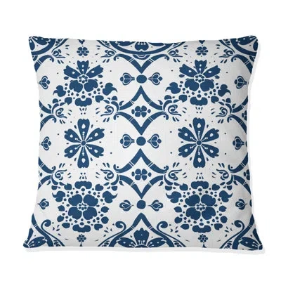 Design Art Blue White Traditional Flower Mosaic Beauty I - Traditional Throw Pillow In Blue;white