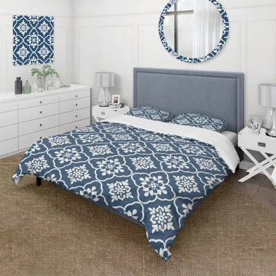 Design Art Blue White Traditional Flower Mosaic Beauty Iii - Traditional Duvet Cover Set In Blue;white