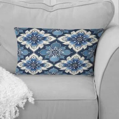 Design Art Blue White Traditional Flower Mosaic Beauty V - Traditional Lumbar Pillow In Blue;white