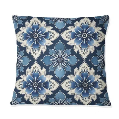 Design Art Blue White Traditional Flower Mosaic Beauty V - Traditional Throw Pillow In Blue;white