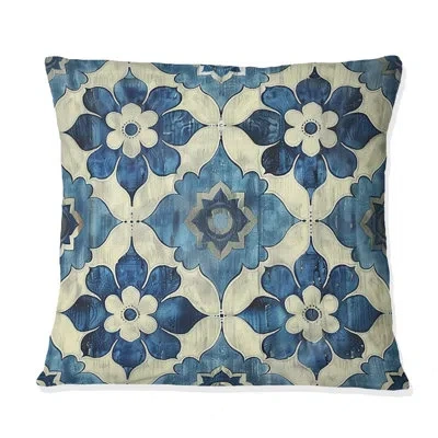 Design Art Blue White Traditional Flower Mosaic Beauty Vi - Traditional Throw Pillow In Blue;beige