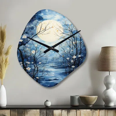 Design Art Blue White Tree Moonlit Silhouette I - Trees Unique Shape Metal Wall Clock, Traditional Asymmetrical