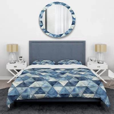 Design Art Blue White Triangles I - Modern Duvet Cover Set In Blue;white