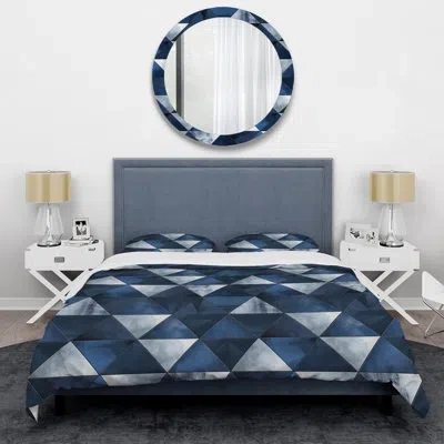 Design Art Blue White Triangles Iv - Modern Duvet Cover Set In Blue;white