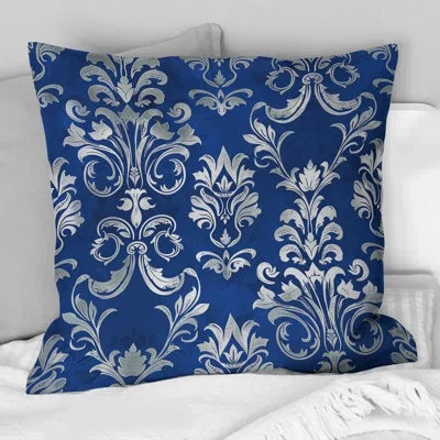 Design Art Blue Whitetimeless Damask Art I - Transitional Throw Pillow In Blue;white