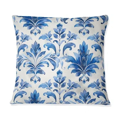 Design Art Blue Whitetimeless Damask Art Iii - Transitional Throw Pillow In Blue;white