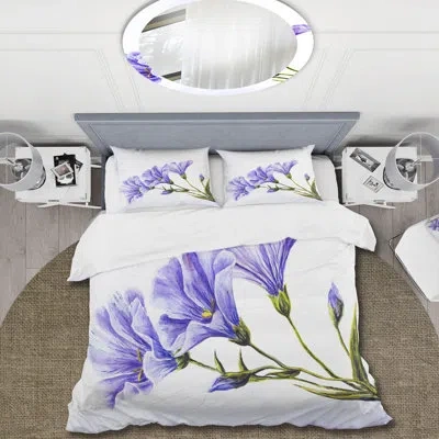 Design Art Blue Wildflowers - Traditional Duvet Cover Set - Microfiber Polyester In Purple,white