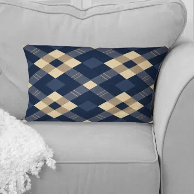 Design Art Blue Yellow Gingham Print V - Modern Lumbar Pillow In Blue;yellow