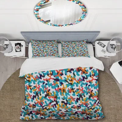 Design Art Blue/yellow/orange Microfiber 3 Piece Duvet Cover Set In Blue,yellow,orange