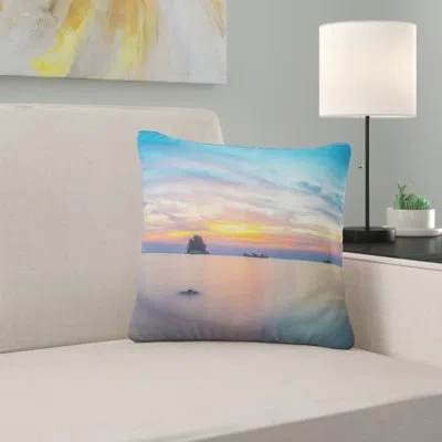 Design Art Bluish Calm Sunset And Seashore - Sea & Shore Printed Pillow In Blue