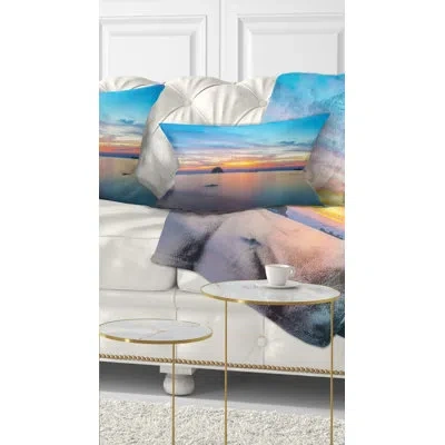 Design Art Bluish Calm Sunset And Seashore - Sea & Shore Printed Throw Pillow
