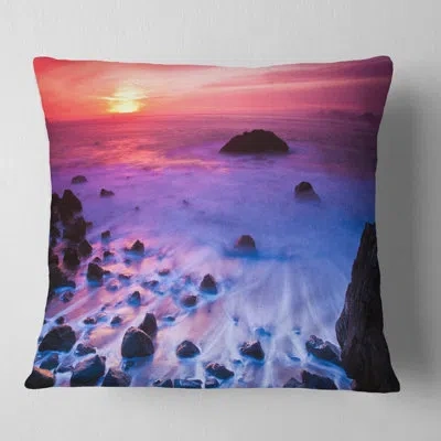 Design Art Bluish Waters At Sunset Panorama - Sea & Shore Printed Pillow In Blue;orange