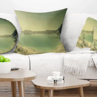 Design Art Blurred Sea With Mountain Views - Sea & Shore Printed Pillow In Blue