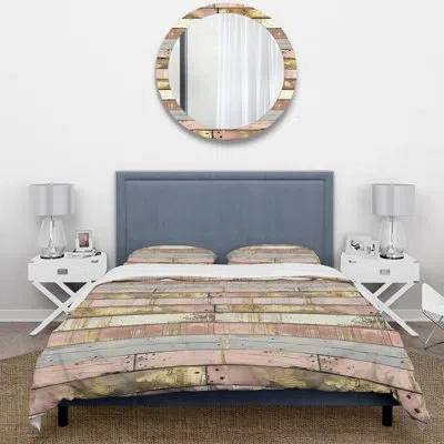 Design Art Blush Beige Wrote Gold Wood Plank - Country Duvet Cover Set In Pink;gold