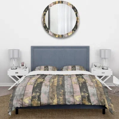 Design Art Blush Black Grey And Gold Wood Plank Ii - Country Duvet Cover Set In Pink;gold