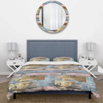 Design Art Blush Blue And Gold Wood Plank I - Country Duvet Cover Set In Pink;gold