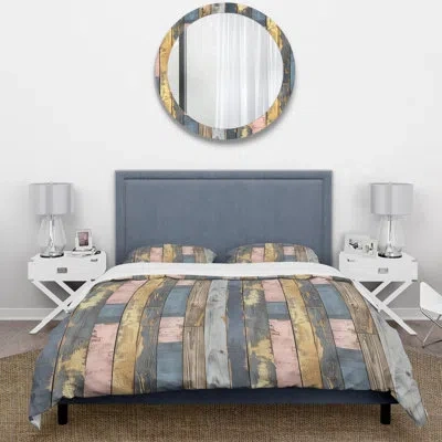 Design Art Blush Blue And Gold Wood Plank Ii - Country Duvet Cover Set In Pink;gold