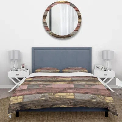 Design Art Blush Brown And Gold Wood Plank Ii - Country Duvet Cover Set In Pink;gold