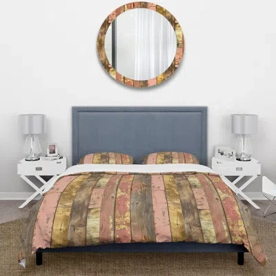 Design Art Blush Brown And Gold Wood Plank Iii - Country Duvet Cover Set In Pink;gold