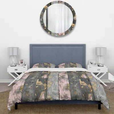 Design Art Blush Dark Grey Gold Wood Plank I - Country Duvet Cover Set In Pink;gold
