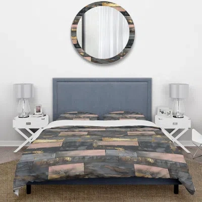 Design Art Blush Dark Grey Gold Wood Plank Ii - Country Duvet Cover Set In Pink;gold