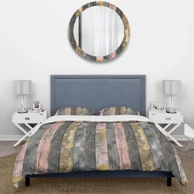 Design Art Blush Gray And Gold Wood Plank I - Country Duvet Cover Set In Pink;gold
