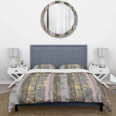 Design Art Blush Gray And Gold Wood Plank Ii - Country Duvet Cover Set In Pink;gold