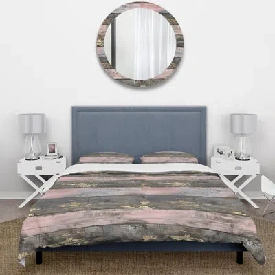 Design Art Blush Grey And Gold Wood Plank Iii - Country Duvet Cover Set In Pink;gold