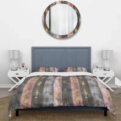 Design Art Blush Grey And Gold Wood Plank Iv - Country Duvet Cover Set In Pink;gold