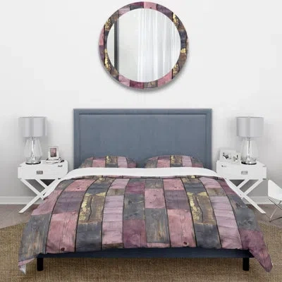 Design Art Blush Pink Purple And Gold Wood Plank Ii - Country Duvet Cover Set In Pink;gold
