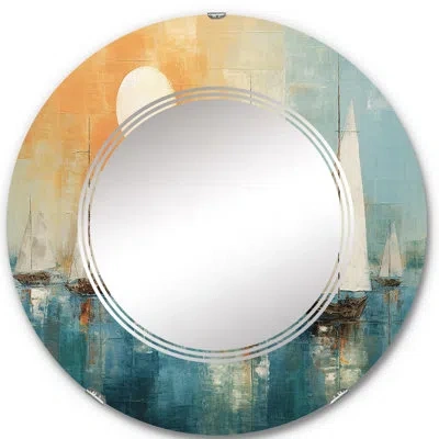 Design Art Boat Abstract Coastline I - Modern Wall Mirror Round In Orange;teal