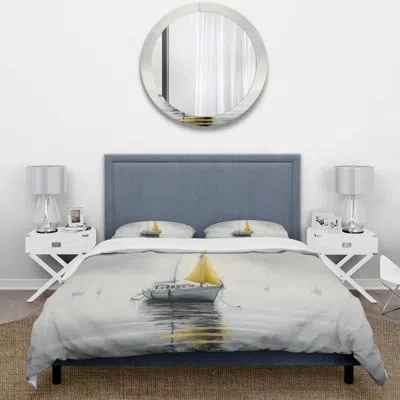 Design Art Boat Anchored Iii - Transportation Duvet Cover Set - Microfiber Polyester In Gray;yellow