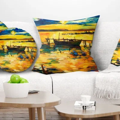 Design Art Boat And Pier In Yellow Shade - Sea & Shore Printed Throw Pillow