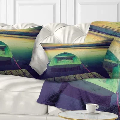 Design Art Boat And Wooden Pier In Lake - Boats Printed Throw Pillow