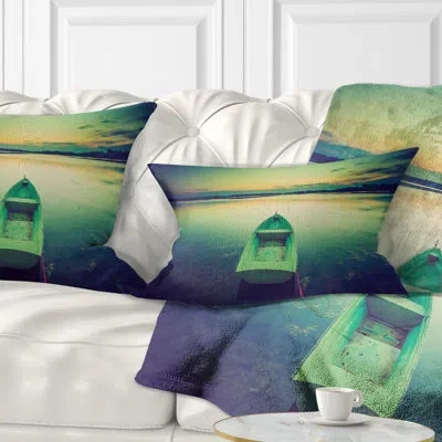Design Art Boat At Sunset In Vintage Lake - Boats Printed Throw Pillow