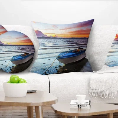 Design Art Boat At The Sunset - Sea & Shore Printed Pillow In Blue;red
