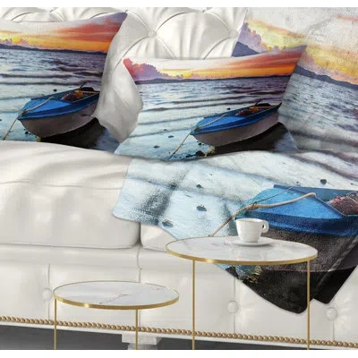 Design Art Boat At The Sunset - Sea & Shore Printed Throw Pillow
