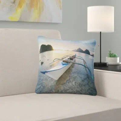 Design Art Boat Docked At Beautiful Sunset - Sea & Shore Printed Pillow In White