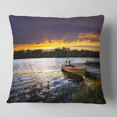Design Art Boat Docked In Lake At Sunset - Sea & Shore Printed Throw Pillow In Red;orange