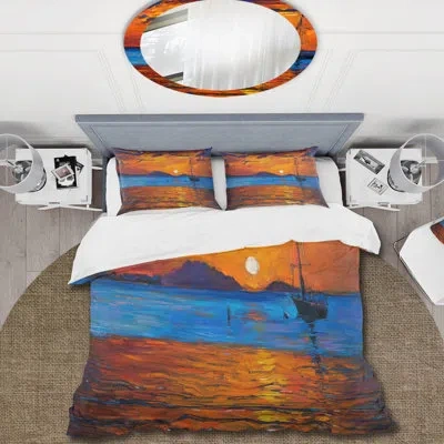 Design Art Boat During Evening Glow At The Lake Ix - Nautical & Coastal Duvet Cover Set - Microfiber Polyester In Orange,blue