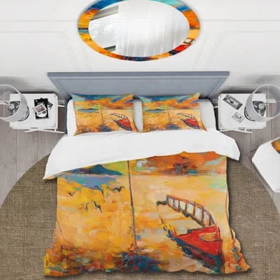 Design Art Boat During Evening Glow At The Lake Viii - Nautical Duvet Cover Set - Microfiber Polyester In Orange,yellow