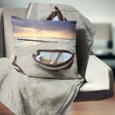 Design Art Boat On Beautiful Sunrise Seashore - Sea & Shore Printed Pillow In Brown