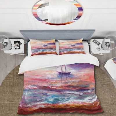 Design Art Boat On The Ocean During Vibrant Sunset - Nautical & Coastal Duvet Cover Set - Microfiber Polyester In Pink,orange