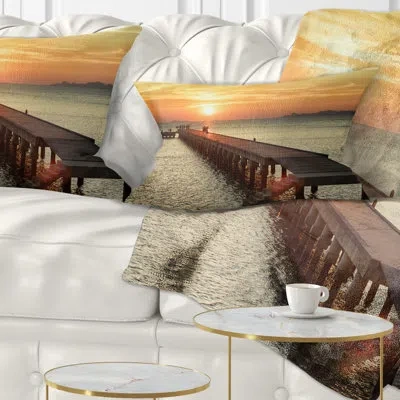 Design Art Boat Pier At Sunset - Pier & Bridge Printed Throw Pillow